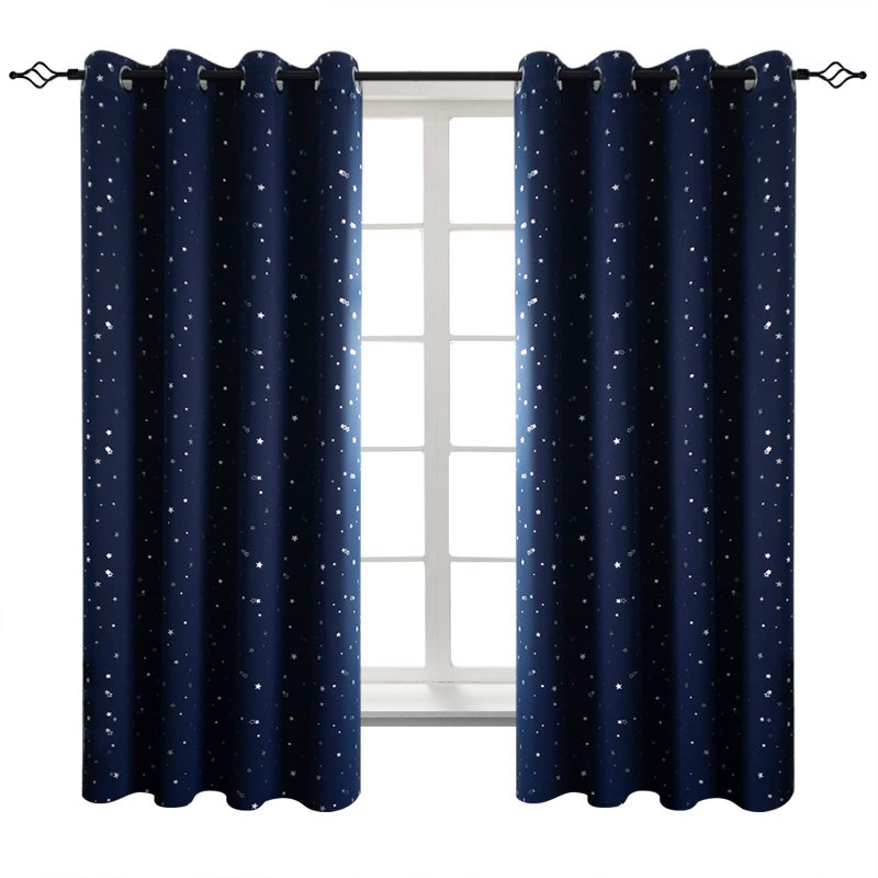 BGment Kids Blackout Curtains for Bedroom - Grommet Thermal Insulated Room Darkening Silver Star Printed Curtains for Living Room, Set of 2 Panels (52 x 63 Inch, Navy Blue) - Image 1